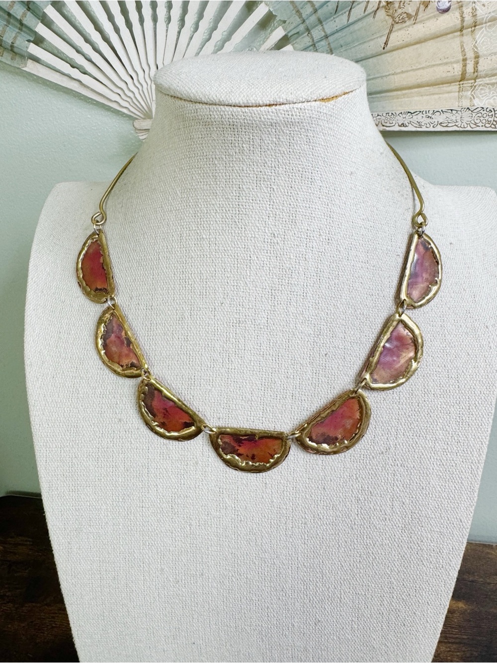 Artisan Copper/Brass Half Moon Link Necklace with Pink Finish - Brutalist